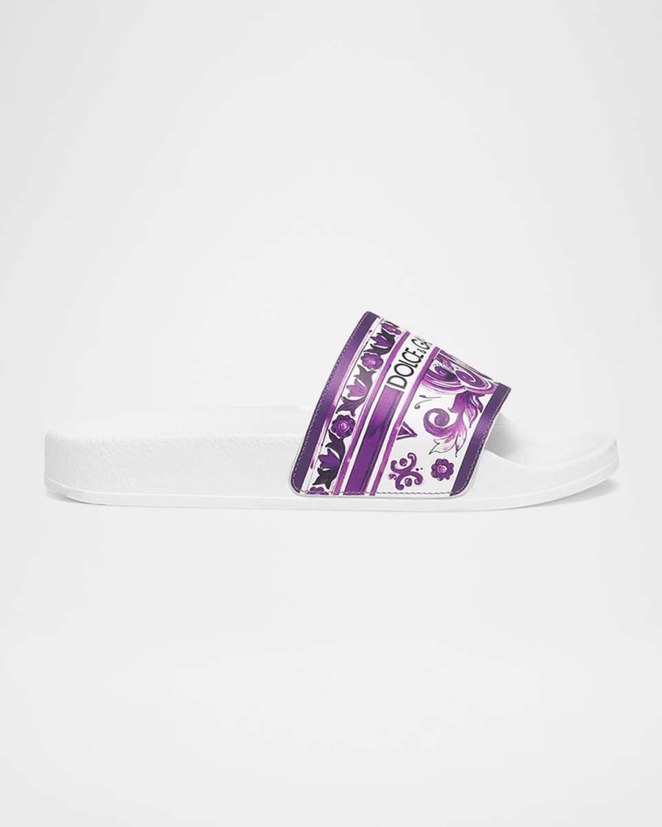 Girl's Majolica-Print Leather Slide Sandals, Kids